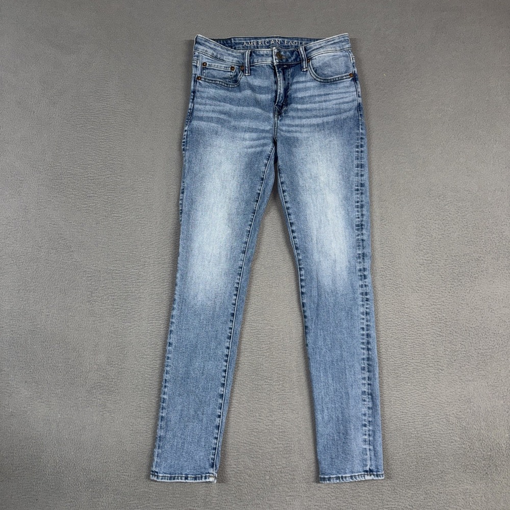 American Eagle Jeans Mens 30x32 (Fit 30x30) Blue Skinny Stretch Distressed Denim